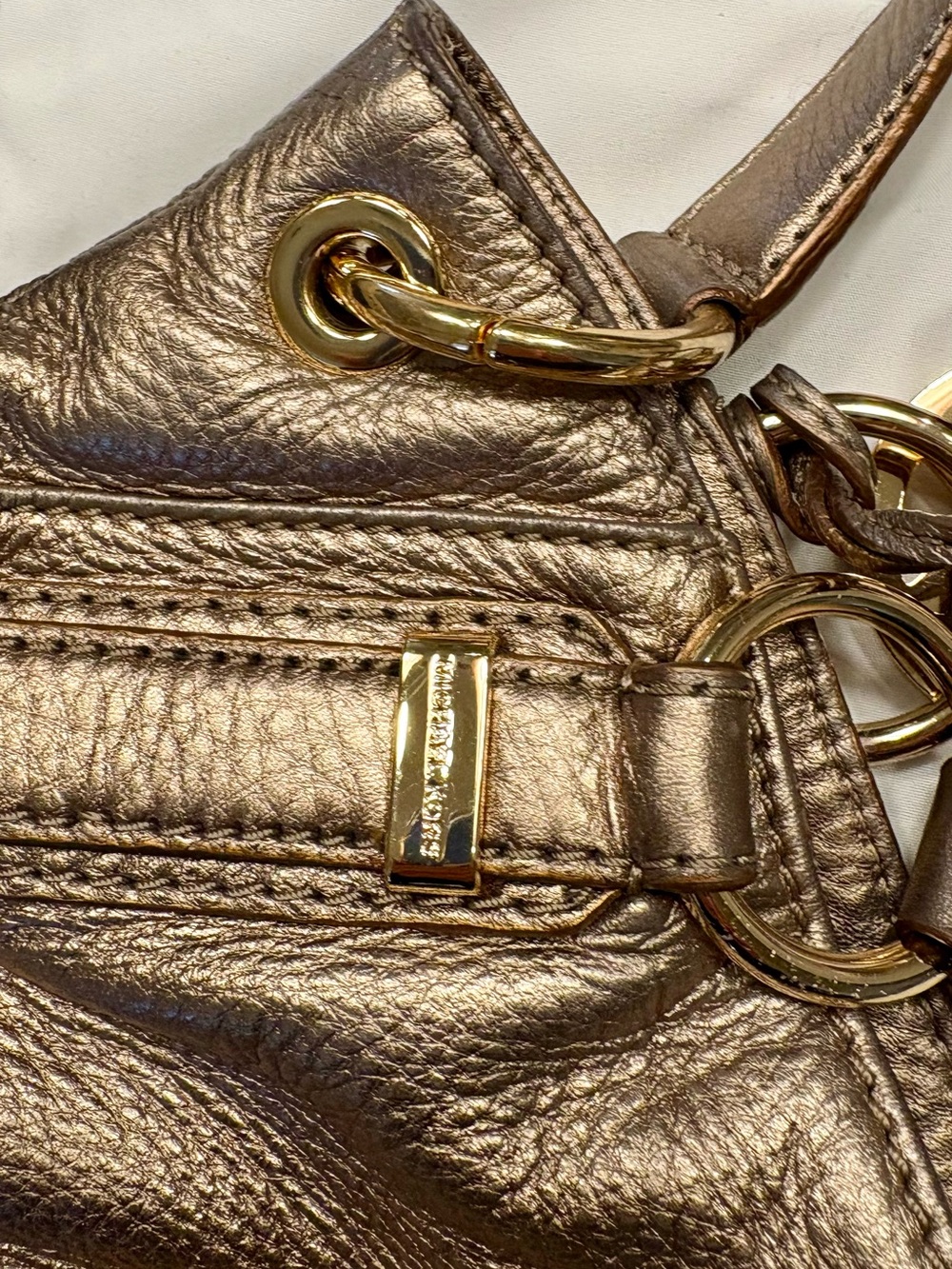 Authentic Michael Kors Layton Metallic Gold Pebbled Leather Shoulder Bag w/ Dust - Picture 7 of 13